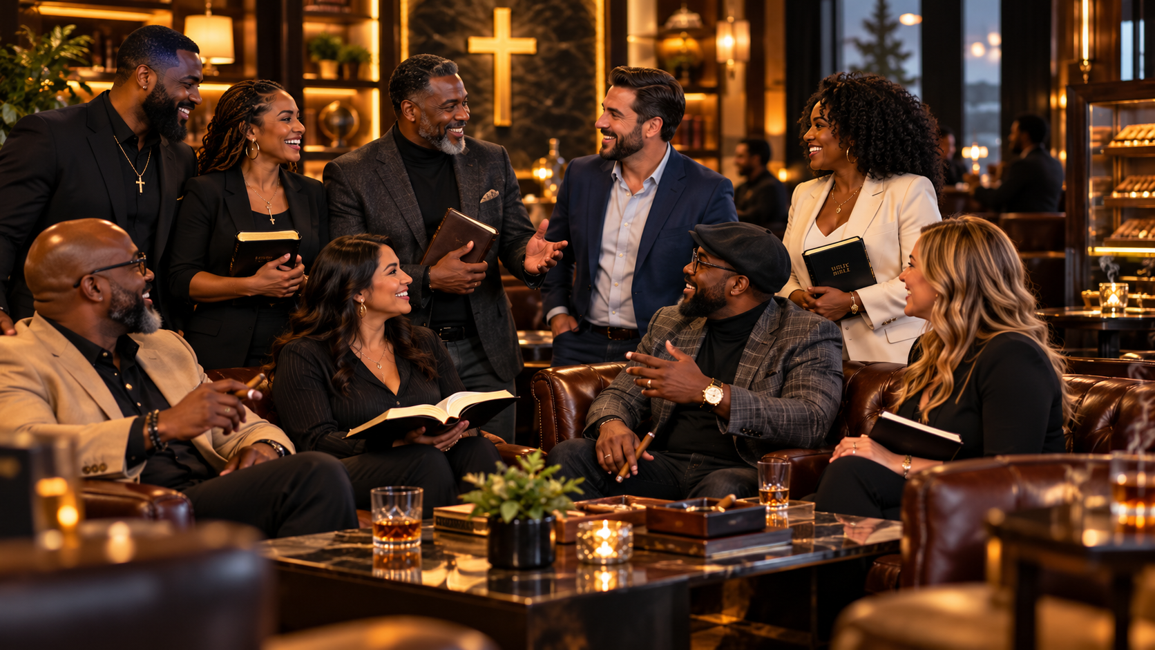 Multicultural adults gathered for Christian fellowship and Bible study in an upscale lounge