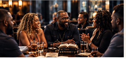 Multicultural adults gathered for Sunday Bible discussion and fellowship