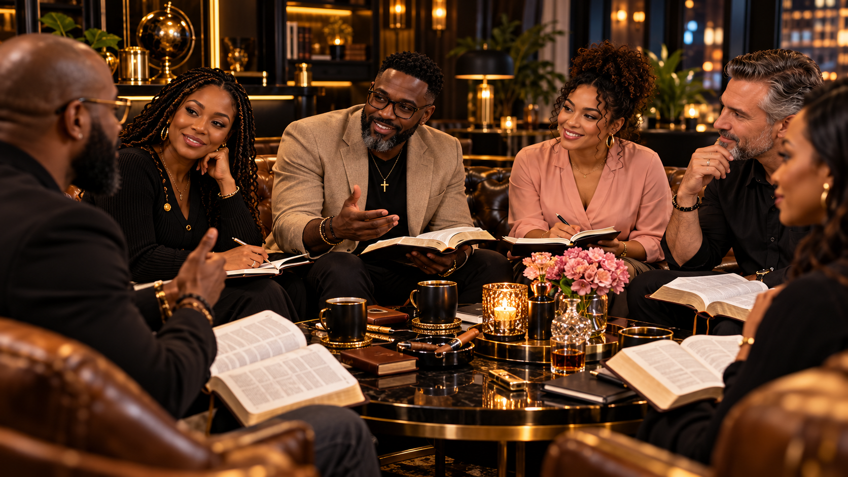 Multicultural adults gathered around open Bibles for fellowship and discussion